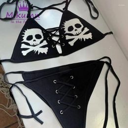 Women's Swimwear Gothic Punk Skull Print Sexy Bikini Suit Women Y2K Summer Lace Up Swimsuit Girl Beachwear