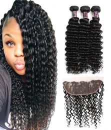 Brazilian Deep wave Human Hair Wefts 3Bundles with 13x4 Lace Frontal Ear to Ear Human Hair Bundles with Closure8147790