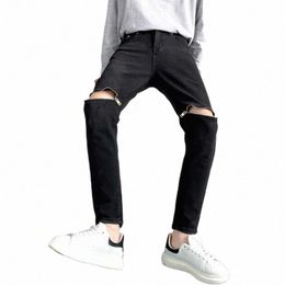 fi 2022 Black Zipper Ripped Denim Jeans for Men's Autumn Knee Zipper Straight Stretch Korean Lim Versatile Denim Trousers a9zN#