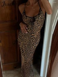 Casual Dresses JusaHy Women Y2K Elegant Leopard Printed Maxi Backless Skinny Spaghetti Strap Lace-up Slim Vintage Robe Dress 2024