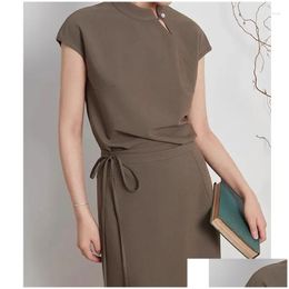 Work Dresses Chinese Diagonal Cut Out T-Shirt For Women In Summer Impd Top Half Skirt Set Drop Delivery Apparel Womens Clothing Otou1