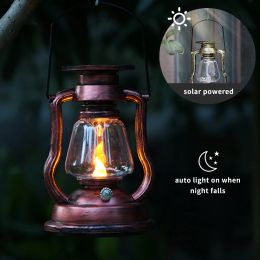 Baths Solar Powered Hanging Candle Light, Retro LED Oil Lamp, Flickering Flameless Solar Lantern Outdoor Hanging Lighting, Garden Yard