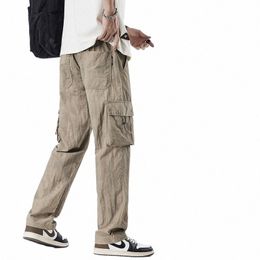 2024 Spring New Style Korean Fi Men's Baggy Khaki Cargo Pants Cott Outdoor Style Drawstring Straight Trousers Male C6GP#