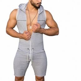 2020 Jumpsuit One Piece Tight Fitn Bodysuit Playsuit Summer Men Zipper Sleevel Hooded Rompers Pants with Pockets b5fR#