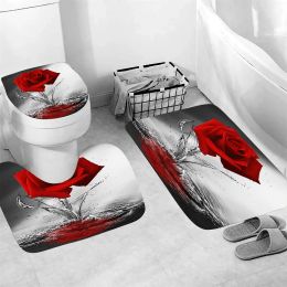 Mats Red Rose Set of 3 Bathroom Bath Mat Set Soft Non Slip Mat Bathroom Rug Absorbent Shower Carpets Toilet Lid Cover Floor
