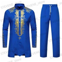 Men's Tracksuits New Personality Mens Long Slve Shirt Sets Leisure Dinner Print Design Medium Long Clothes for Men T240326