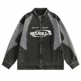 Colour Block Patchwork Vintage Denim Jacket Men Streetwear Harajuku Oversized Hip Hop Y2K Jeans Coat Zipper Up Outwear for Man s6LV#
