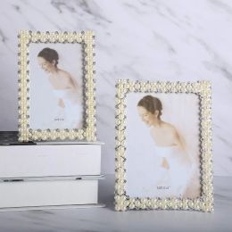 Frame Pearl with Crystal Decorative Photo Frame Wedding Rhinestones Horizontal and Vertical Decorative Desktop Photo Frame 7 Inch