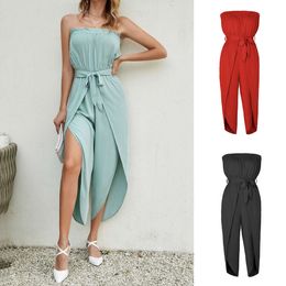 New Product Solid Color Case Jumpsuit Sex One Line Collar Tube Top Slit Trouser Loose Wide Leg Pans Cross Border Women's Clothing