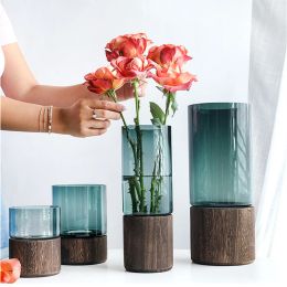 Films Luxury Large Flower Vase for Living Room Decoration Nordic Home Decore Glass Vases Wodden Base Flower Pot for Desktop Decoration