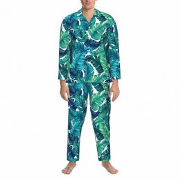 tropical Print Pajama Sets Autumn Funky Banana Leaf Daily Sleepwear Couple 2 Pieces Vintage Oversize Nightwear Birthday Gift 536w#