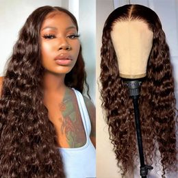 Chocolate Brown Water Wave 13x4 Frontal Wig Brazilian Remy Human Hair Coloured Lace Front Human Hair Wigs for Women Deep Curly