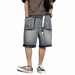 vintage Cargo Denim Short Men's Elastic Waist Jeans Shorts Loose Casual Straight Capris Pants Man i5vD#