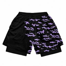 men's 2 in 1 Running Shorts Male Workout Anime Shorts Training Yoga Gym Sportswear Pants Sport Short Pants with Pockets v3On#