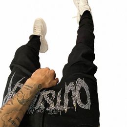 новые мужские трендовые черные рваные джинсы Fi Street Hole Брюки Уютный узкий дизайн Горячие эластичные мягкие брюки со стразами Wed Y1JF #