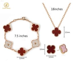 925 Sterling Silver Clover Lucky Bracelet Earrings for Women Red Agate Necklace Cute Jewelry Set Trendy Girls