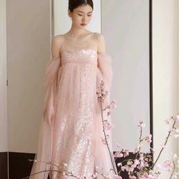 New Chinese Style Fairy Dress Niche Light Wedding Pink Strapless Off Shoulder Glitter Bride Morning Gown Evening