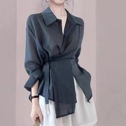 Женская элегантная свободная блузка с длинным рукавом, нерегулярная рубашка с тонким поясом, повседневные топы на пуговицах, уличная одежда 15674 240326