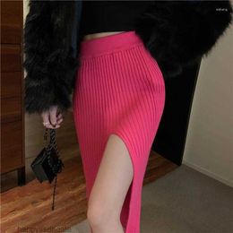 Skirts Knitting Women High Waist Solid Slit Sexy Bodycon Spring Faldas Mujer Korean Fashion Slim Jupe Femme Vintage