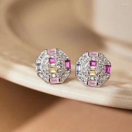 Stud Earrings Real S925 Silver Colored Women Octagonal Female Shiny 5A Zircon Luxury Jewelry Girl Gift Lady Party Banquet