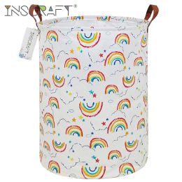 Baskets MultiUse Rainbow Laundry Hamper Waterproof Cotton Dirty Clothes Storage Basket Foldable Toys Organiser Bin for Bedroom Bathroom