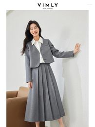 Work Dresses Vimly Women's Elegant Blazer Skirts Suits 2024 Spring Office Gray 2 Pieces Matching Sets V-neck Pleated Maxi Skirt M5356