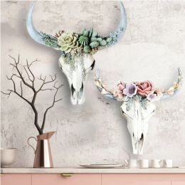 Sculptures HOT Succulent/Flower Cow Skull Wall Decor Nursery Decor Resin Ornament with Hanging Hole NDS