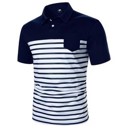 Men Short Sleeve Polo Shirt Two-Color Splicing Stripe Pocket Design Tops Streetwear Casual Fashion Contrast Colour Men Polo Shirt 240326