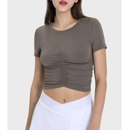 Folded Yoga Top LU-103 Fashion Versatile Comfortable Shirt Shockproof Gathered with Drawstring Tight Short Sleeves Sports Workout Wear Tees