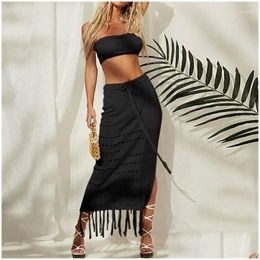 Work Dresses 2024 Summer Hollow-Out Bikini Smock Wrap Breast Long Skirt 2-Piece Lace Fringe Beach Sun Protection Y Solid Color Drop De Otazz