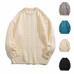 men Polyester Sweater Cozy Knitted Fall Winter Sweater for Men Thick Lg Sleeve Pullover with Solid Color Warm Anti-shrink B8Ww#