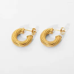 Stud Earrings 18k Gold Plated Stainless Steel Metal Stripe C Hoop For Women Waterproof Twisted Texture Fashion Jewelry Gift