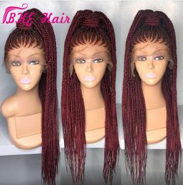 High quality Long box Braid Wig Braiding synthetic lace front wig blackburgundy red Colour cornrow braids lace wigs For Black Wome7930497