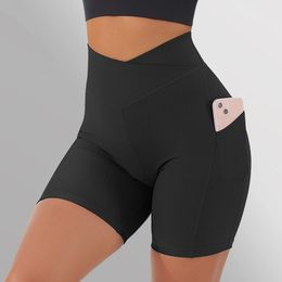 Ribbed Gym Shorts Women Booty Shorts Fitness Workout Shorts V-Waist Crossover Leggings Short Scrunch Butt Cycling Shorts 240325