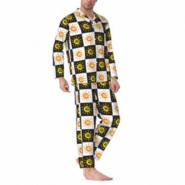 drawn Sun Pajama Sets Black White Checkerboard Trendy Sleepwear Unisex Lg-Sleeve Vintage Sleep 2 Pieces Nightwear Large Size X7Ue#