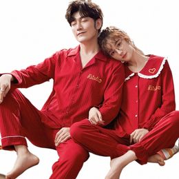 cott New Cardigan Couples Sleepwear Red Men's Pyjamas Women's Loungewear Plus Size Nightwear Autumn Spring Pjs Home Clothes P6al#
