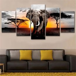 5 Piece Walking Elephant Sunset Africa Grassland Scenery Canavs Painting Prints Poster Living Room Wall Art Cuadros No Frame