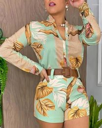 Women's Tracksuits Tropical Print Long Sleeve Two Piece Set Women Outfit 2024 Spring Stand Collar Button Top Casual High Waist Fashion