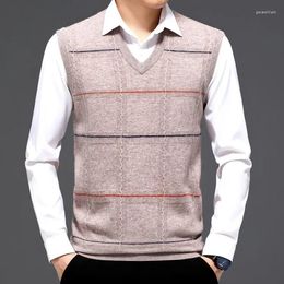 Men's Sweaters Men Wool Vest 2024 Autumn Winter Casual V-Neck Waistcoat Sleeveless Pure Cashmere Plaid Knitted Sweater