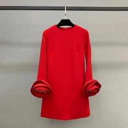 2024 Spring and Autumn New Women's 3D Flower Round Neck Wool Mulberry Silk Simple A-line Women's Long sleeved Dress