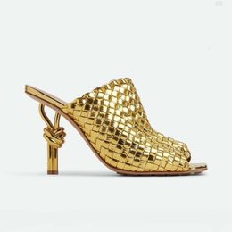 6s Gold Mules Knot electroplated 9cm Heels Sandals Famous Designer Women High Quality leather Dress shoe Round toes High heeled Wedding Party Evening With Box