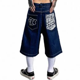 Hip Hop Bolsos Bordados Carta Imprimir Jeans Shorts para Homens Verão Retro Oversized Perna Larga Denim Joelho Comprimento Calças a3kY #