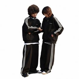 women Men 2PCS Sets Side Stripe Sports Sweatshirts Pants for Boys Girls Streetwear Vintage Brand Loose Casual Tracksuit Joggers B01C#