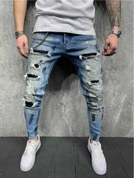 Men's Jeans Men Slim-Fit HIP HOP Ripped jeans Man Painted printed Pencil Denim pants fashion Patchwork Moto Biker Cowboy Beggar Trousers Men T240326