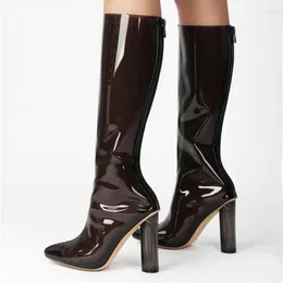 Boots Women Transparent PVC Chunky Heels Back Zipper Pointed Toe Clear Knee High Size 48 Modern Long