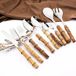 Sets Drmfiy 6Pcs Natural Bamboo Handle 304 Dinnerware Set Stainless Steel Cutlery Set Upscale Knife Dessert Fork Spoon Tableware Set