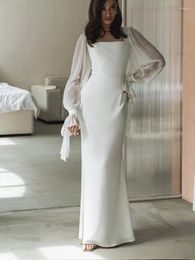 Casual Dresses Elegant Mesh White Women Evening Dress Long Sleeve Square Collar Flare Female Midi Robe 2024 Summer Solid Lady