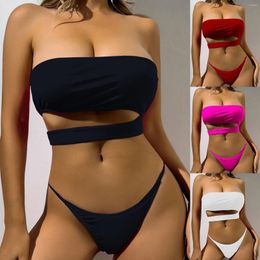 Women's Swimwear 2024 Strapless Split Swimsuit Bikinis Sets Solid Color Sexy Vacation Holiday Outfits Two Piece Set Beachwear