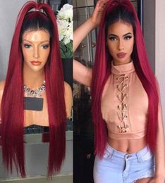 Black Ombre Wine Red Straight Synthetic Lace Front Wig Glueless Heat Resistant Fibre Hair Natural Hairline For Women6094026