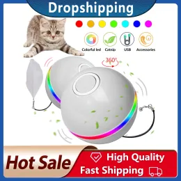 Toys Smart Interactive Cat Toy Ball Colorful LED Self Rotating Ball With Catnip Bell Feather USB Rechargeable Cat Ball Toy Dropship